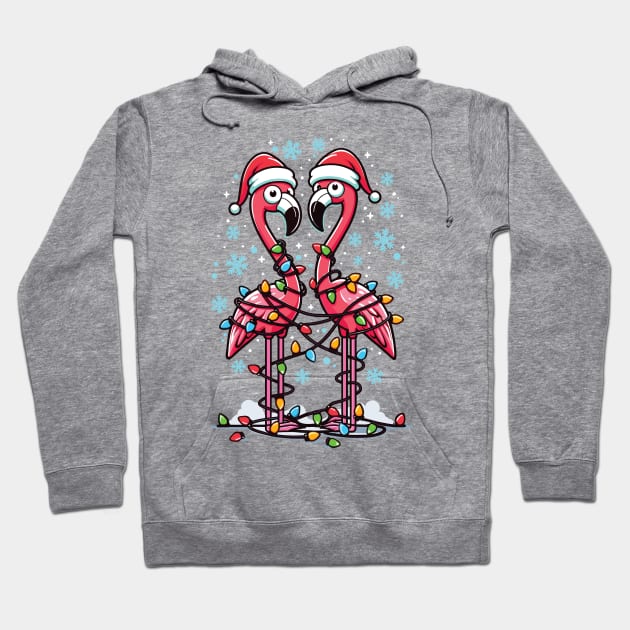 Festive Flamingos Tangled in Christmas Lights Hoodie by Graphic Duster